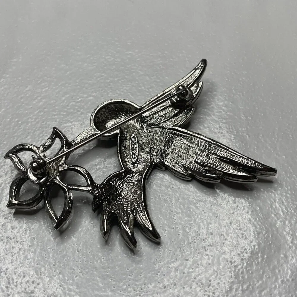 Avon Signed Hummingbird Silver Marcasite Rhinestone‎ Brooch Pin Vintage